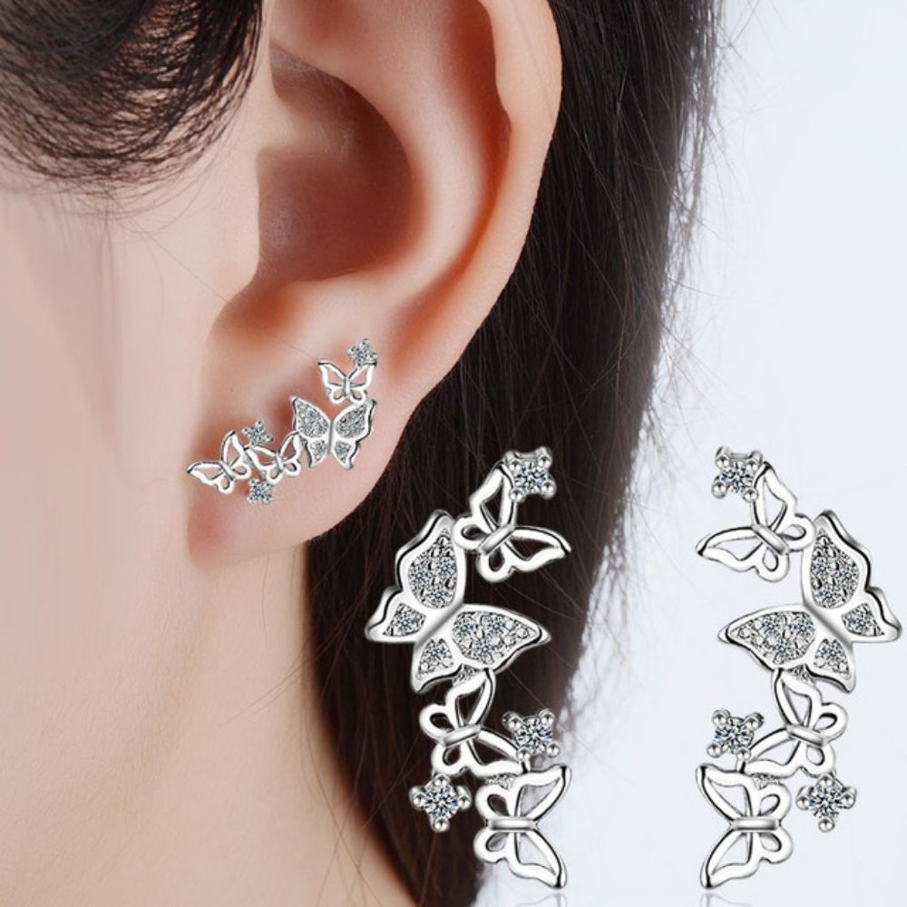 NEW Sterling Silver Diamond Butterfly Earrings